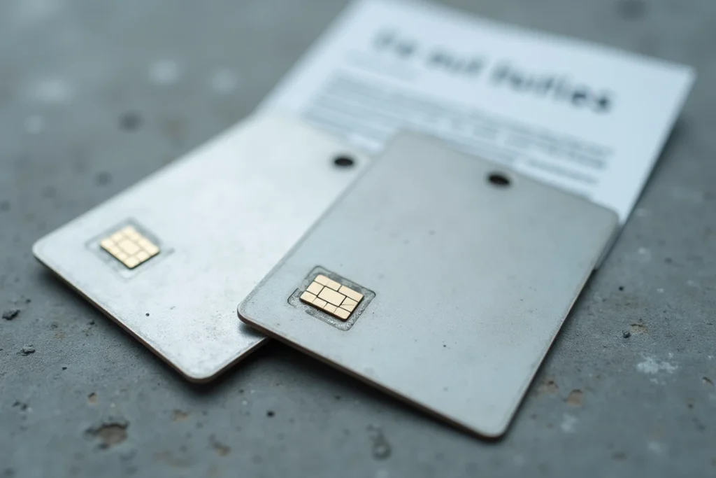Deux badges d'accès RFID posés côte à côte sur une surface en béton avec un courrier officiel flou en arrière-plan illustrant un litige avec le syndic