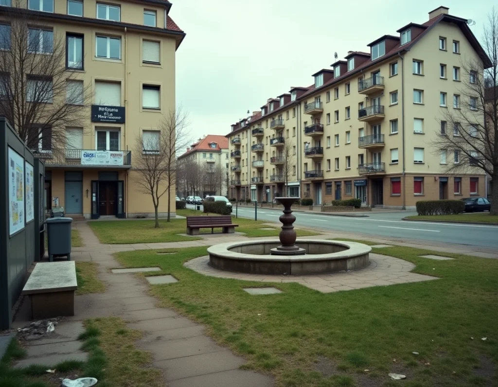 Place publique d'un quartier de Romans-sur-Isère avec logements sociaux, bancs en béton et ambiance de cité française