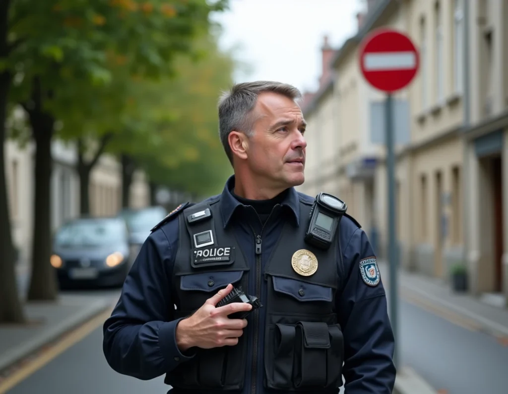 Agent de police municipale en patrouille dans une rue de Romans-sur-Isère, tenue réglementaire et attitude vigilante