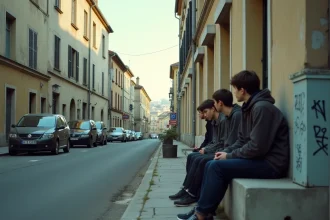 Rue d'un quartier populaire de Romans-sur-Isère avec immeubles anciens et jeunes assis sur un muret, atmosphère urbaine authentique