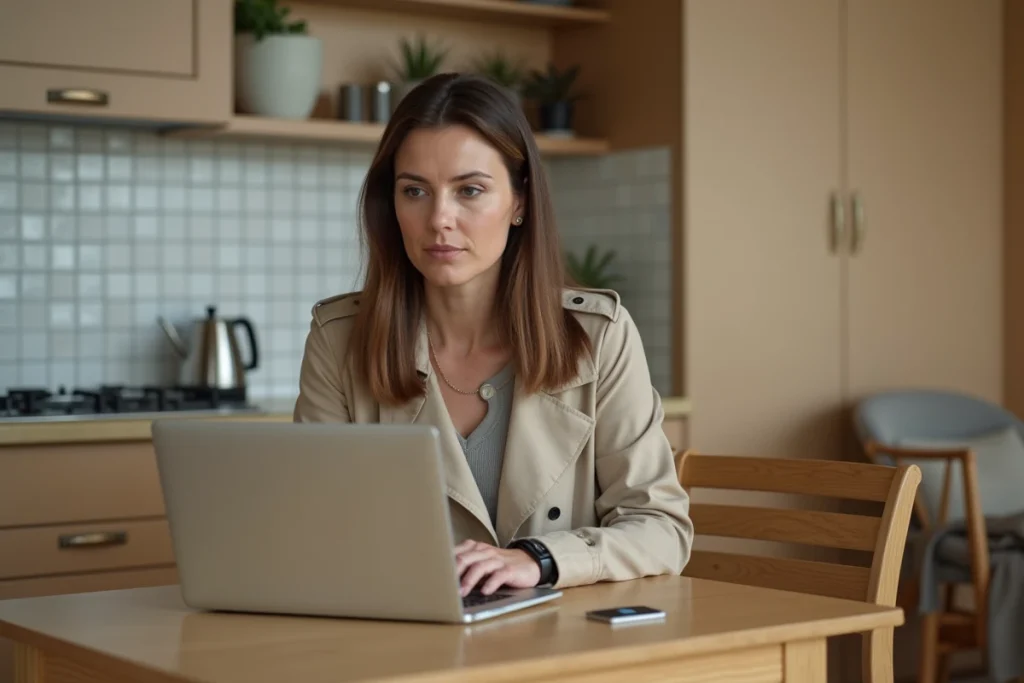 Femme consultant son ordinateur portable avec un badge d'accès posé sur la table pour trouver des solutions face au refus du syndic