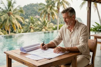 Investisseur immobilier occidental examinant des documents d'achat de villa à Koh Samui avec piscine à débordement en arrière-plan