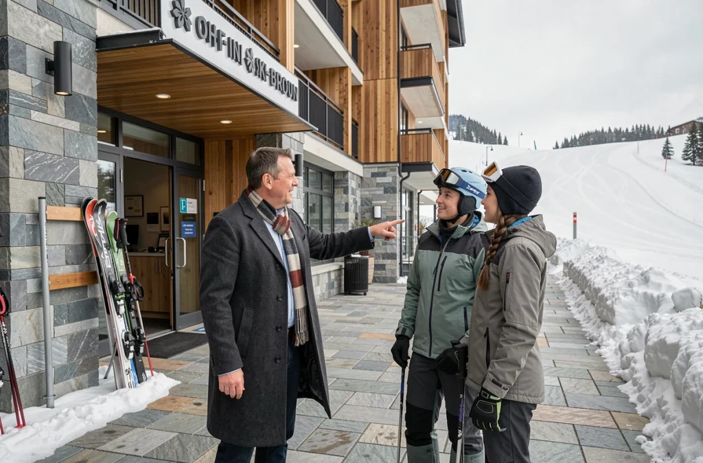 Agent immobilier présentant un appartement skis aux pieds à des acheteurs dans une station de ski alpine