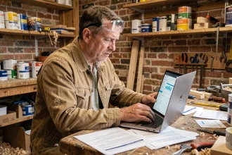 Artisan parisien frustré consultant une plateforme en ligne depuis son atelier, illustrant les difficultés rencontrées sur ChantierAccess Paris