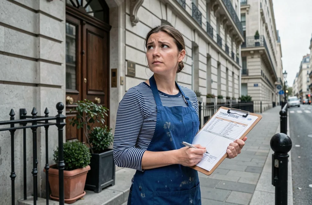 Artisane parisienne devant un immeuble haussmannien tenant un dossier, symbolisant les interrogations sur les plateformes de mise en relation comme ChantierAccess