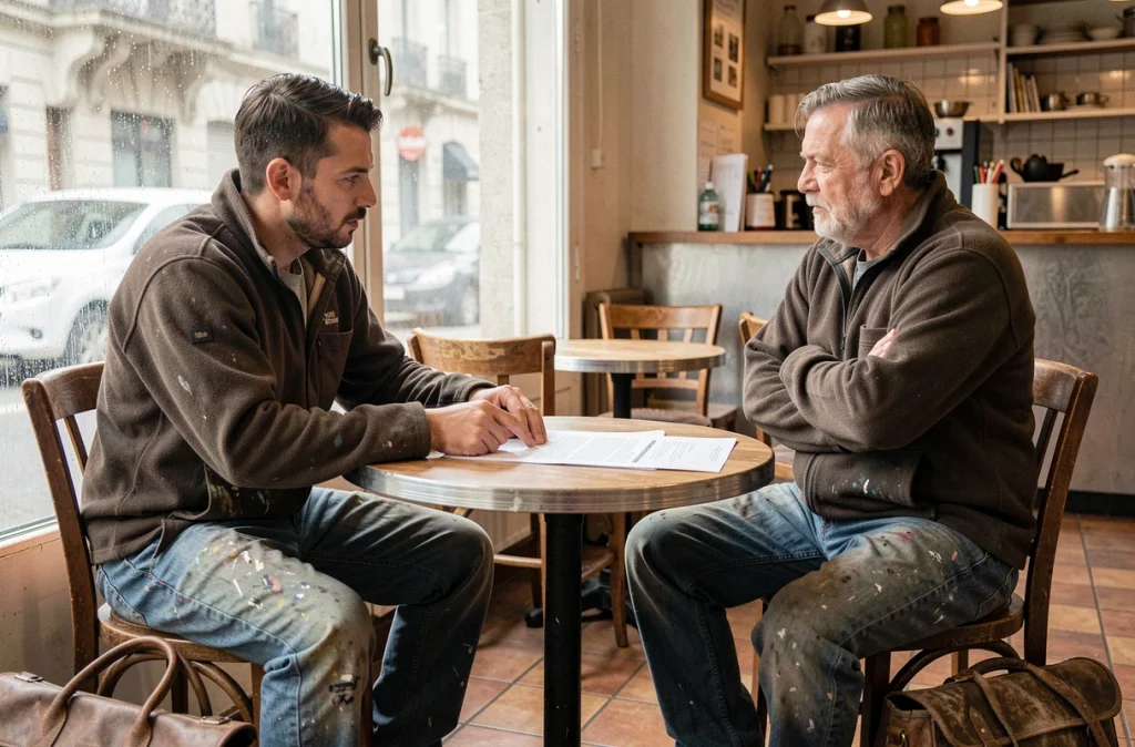 Deux artisans en discussion dans un café parisien autour de documents, évoquant les erreurs à éviter lors du départ d'une plateforme comme ChantierAccess Paris