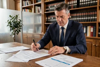 Avocat spécialisé en baux commerciaux analysant des documents d'indexation sur indice du coût de la construction dans un bureau professionnel