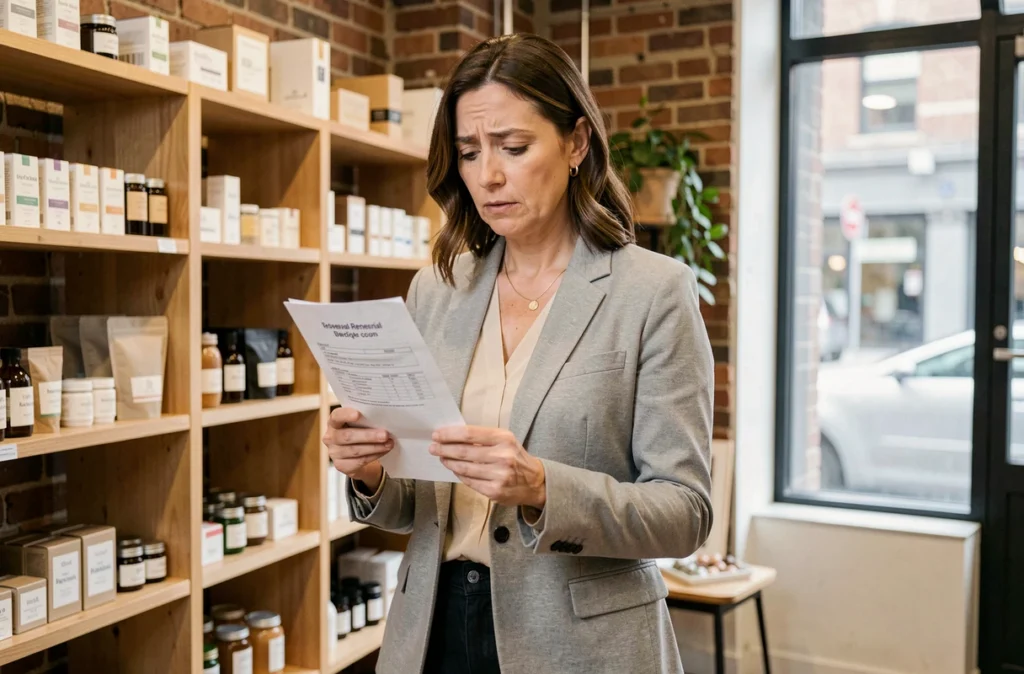 Commerçante locataire examinant un avis d'indexation de loyer dans sa boutique lors du renouvellement de bail commercial 2026