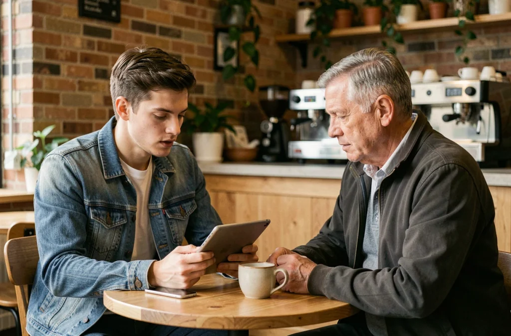 Gestionnaire locatif communiquant par tablette avec un locataire sourd dans un café lors d'une discussion sur la location adaptée