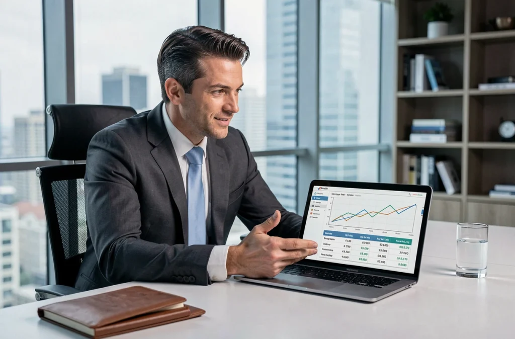 Conseiller financier présentant les options de renégociation de taux de crédit immobilier sur 25 ans à son client dans un bureau professionnel