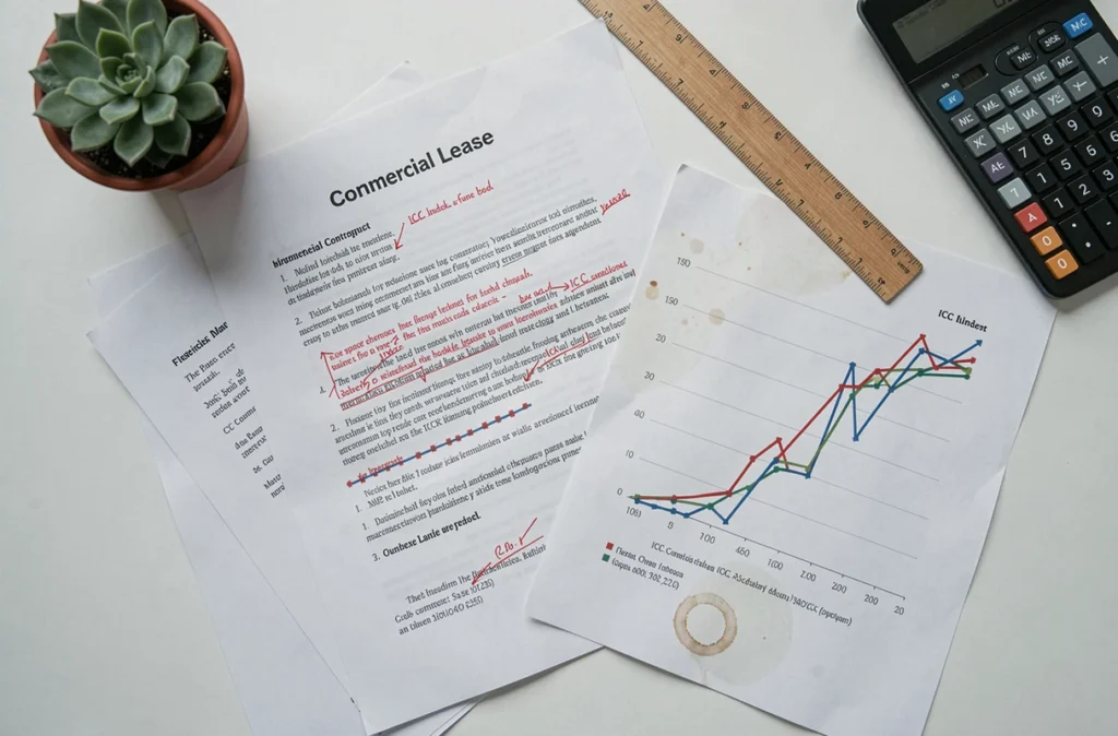 Vue aérienne d'un contrat de bail commercial annoté avec graphique d'évolution de l'indice du coût de la construction ICC sur table de réunion
