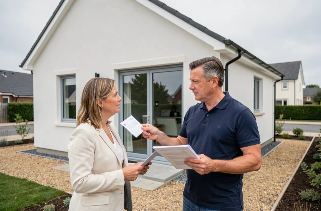 Couple devant une maison neuve tenant des documents de prêt immobilier et frais de notaire