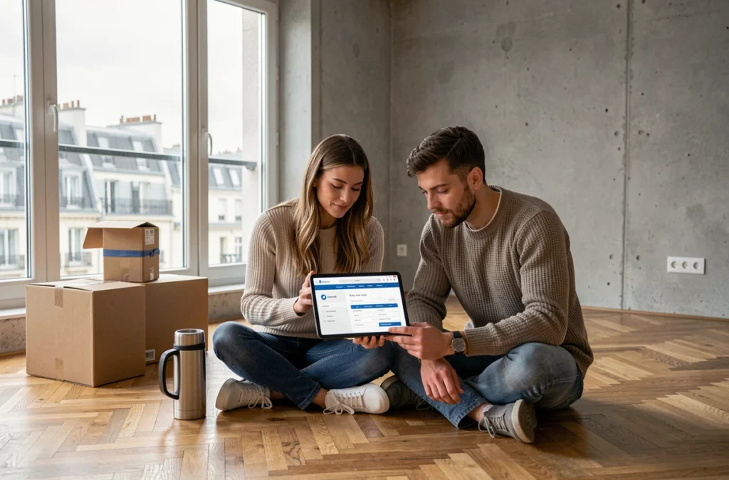 Couple consultant un portail administratif en ligne sur tablette pour déclarer leur changement d'adresse dans leur nouvel appartement