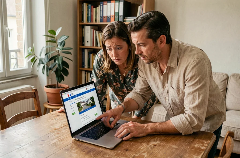 Couple consultant le portail Mon compte LOC annonces sur un ordinateur portable pour faire un recours après un refus de logement social