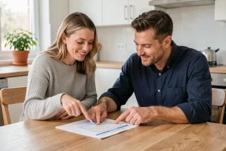 Couple de propriétaires en train d'examiner des documents de renégociation de crédit immobilier sur 25 ans à la table de leur cuisine