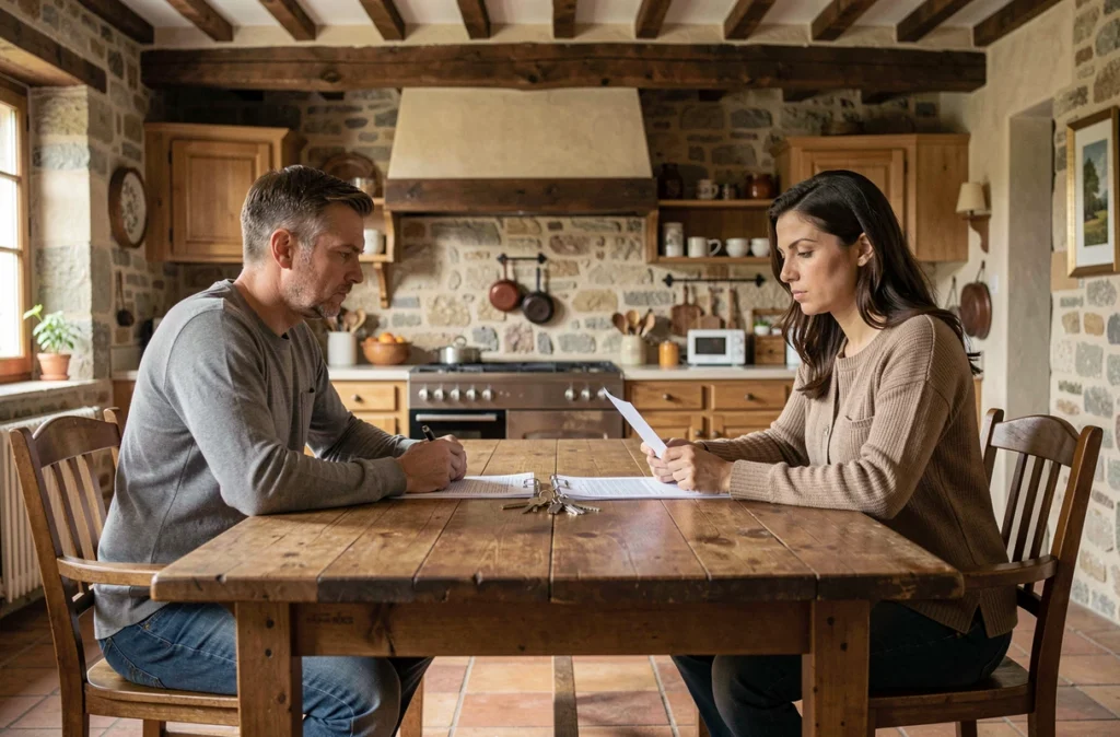 Couple en cours de séparation discutant de la vente de leur maison autour de documents officiels dans une demeure normande