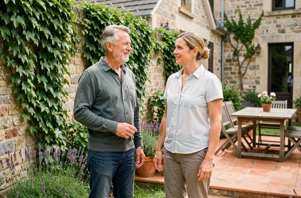 Couple visitant le jardin d'une petite maison à louer en Saône-et-Loire lors d'une visite immobilière