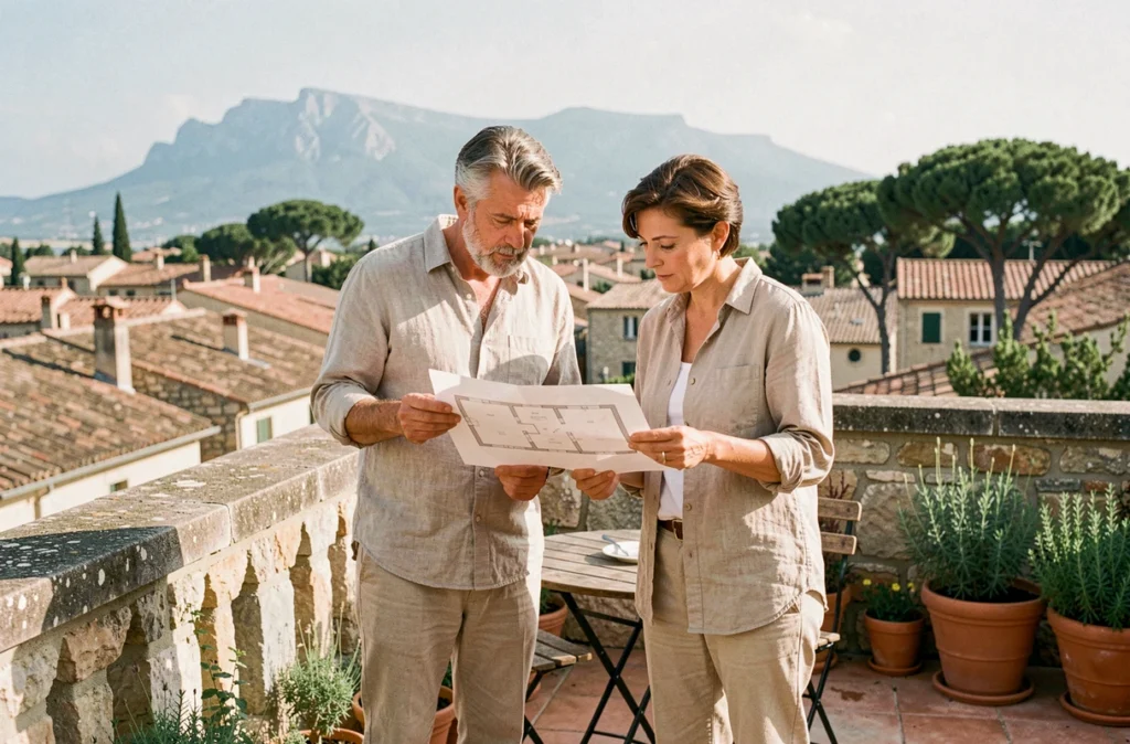 Couple visitant une terrasse avec vue sur les toits d'Aix-en-Provence lors d'une visite immobilière en vue d'un achat