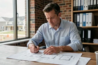 Homme étudiant des documents de crédit immobilier et plans de construction neuve à son bureau