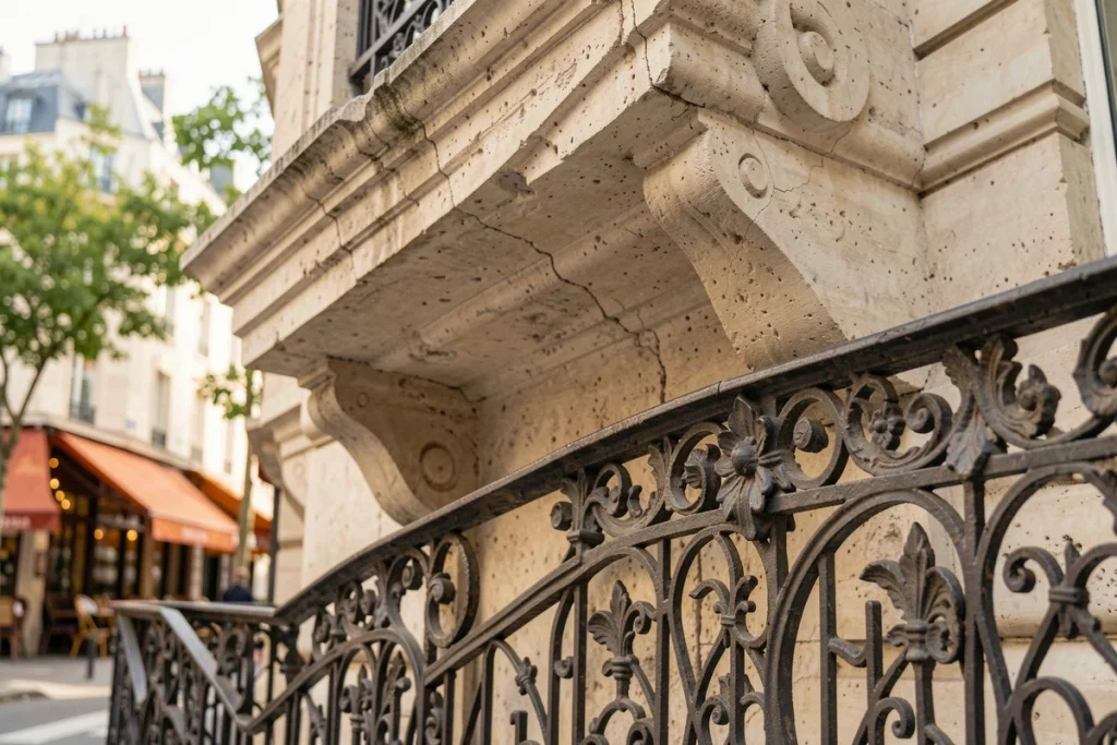 Détail de corniche sculptée et balcon en fer forgé d'un immeuble haussmannien, motifs floraux et moulures en pierre de taille