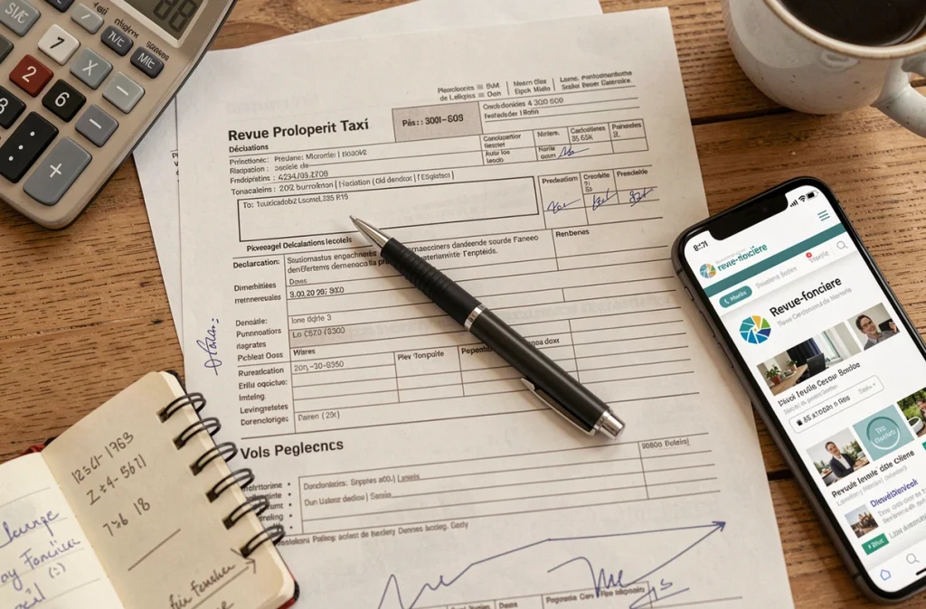 Documents de fiscalité foncière et outils de calcul posés sur un bureau en bois pour un investisseur