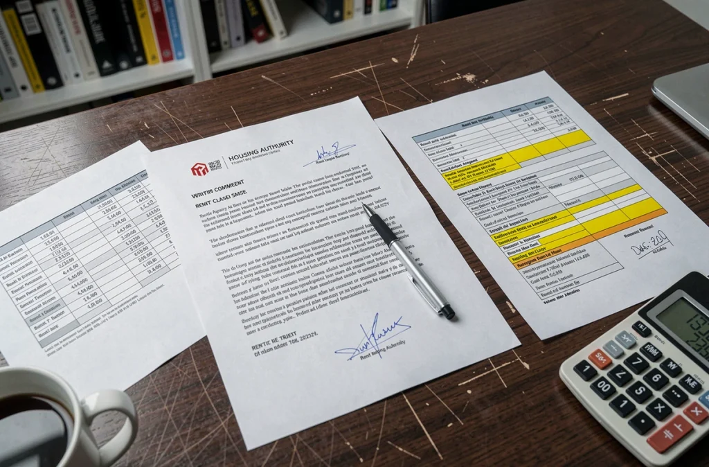 Documents de plainte locative étalés sur un bureau avec lettre de contestation de loyer et relevés de paiement