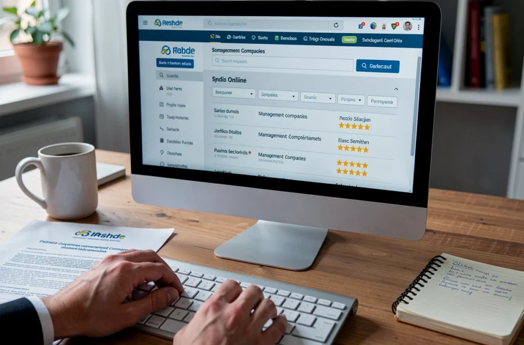 Écran d'ordinateur affichant un annuaire en ligne de syndics de copropriété avec filtres de recherche et avis