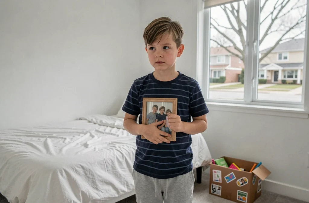 Jeune garçon tenant une photo de ses amis dans sa nouvelle chambre vide après un déménagement, expression mélancolique