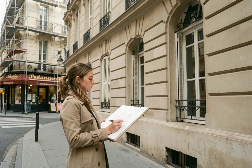 Étudiante en architecture esquissant le schéma d'une façade haussmannienne dans une rue parisienne avec carnet de croquis