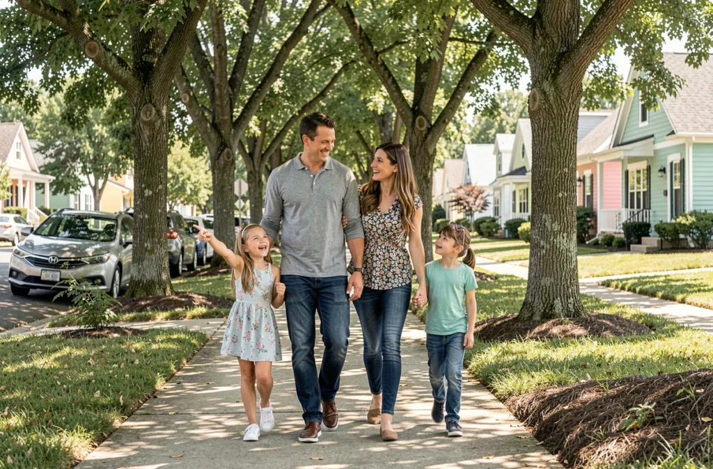 Famille avec deux filles découvrant leur nouveau quartier résidentiel lors d'une promenade après un déménagement