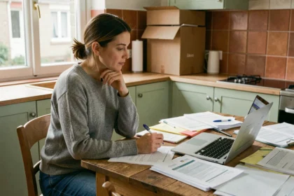 Femme remplissant un formulaire de changement d'adresse sur papier et en ligne lors d'un déménagement en France