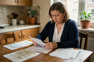 Femme rédigeant une plainte contre son bailleur pour augmentation abusive de loyer à la table de cuisine