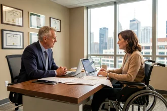 Réunion professionnelle entre un gestionnaire locatif et une locataire en fauteuil roulant discutant d'un contrat de location dans un bureau moderne