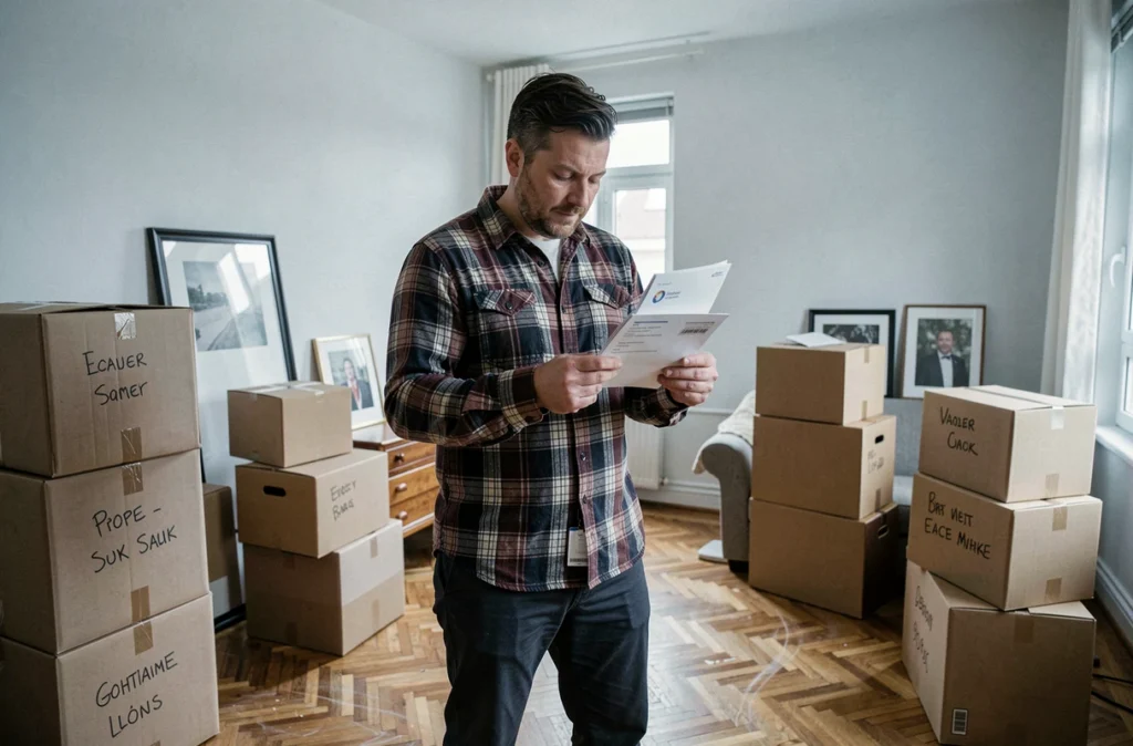 Homme consultant son courrier administratif entouré de cartons lors d'un déménagement dans un appartement français