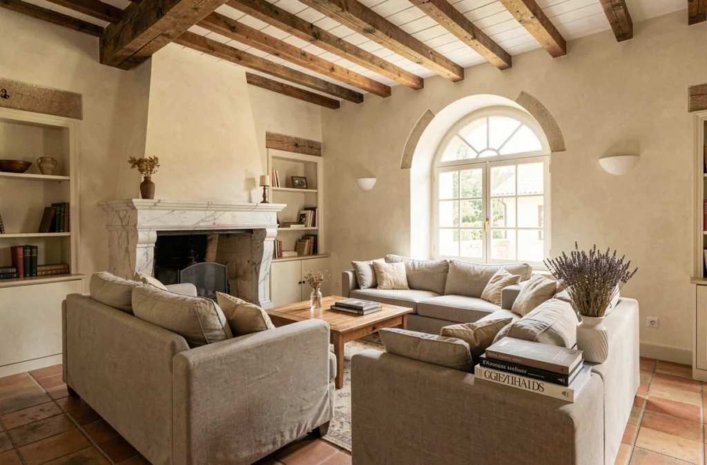 Intérieur d'un appartement provençal à Aix-en-Provence avec poutres apparentes et carrelage en terre cuite pour une mise en vente immobilière