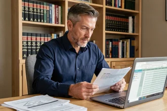 Investisseur immobilier analysant des documents de fiscalité foncière sur son bureau à domicile