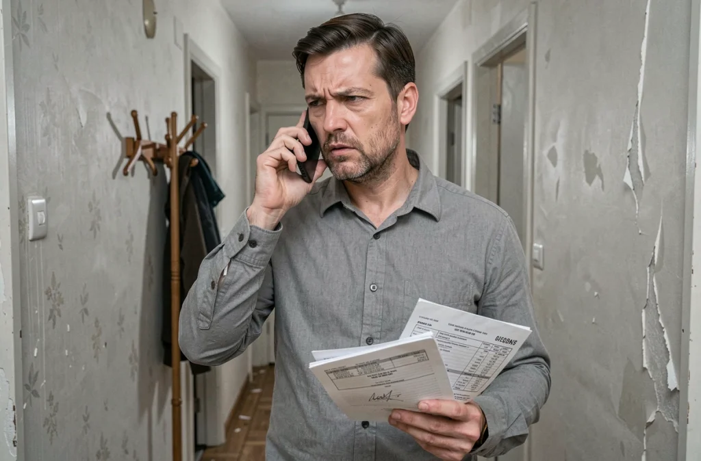 Locataire en appartement tenant des documents de loyer et téléphonant pour contester une augmentation abusive