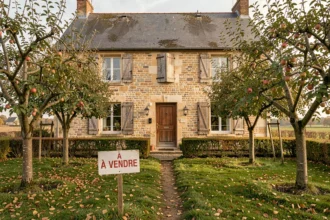 Maison normande en pierre avec panneau À Vendre dans le Calvados, entourée de pommiers en automne