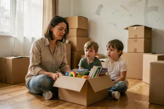 Mère expliquant le déménagement à ses enfants assis sur le sol entouré de cartons ouverts dans un salon en cours de déballage