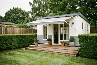 Mobil-home moderne installé dans un jardin résidentiel avec terrasse en bois et haies soignées, illustrant l'intégration d'une habitation mobile dans un espace privatif conforme au PLU