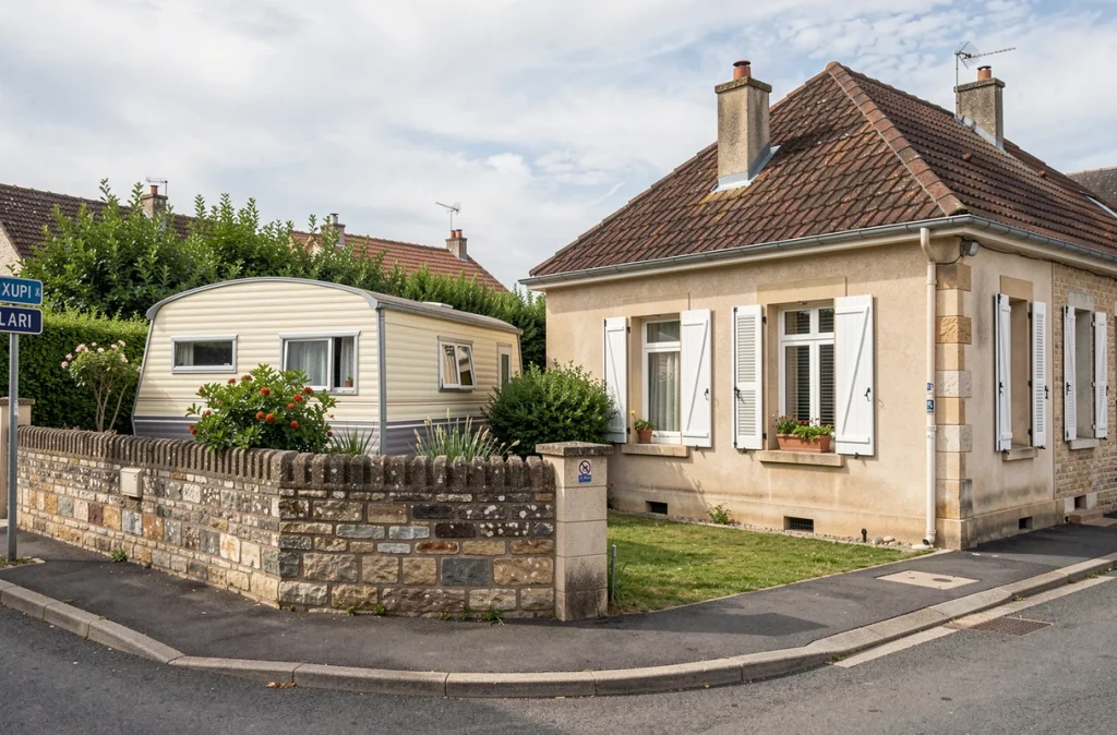 Vue d'un quartier périurbain montrant un mobil-home installé dans un jardin latéral visible depuis la rue, à côté d'un pavillon traditionnel français, illustrant les enjeux du PLU pour les habitations mobiles en zone résidentielle
