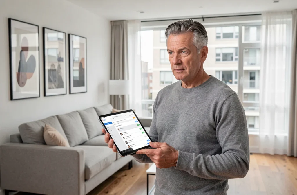 Propriétaire en copropriété consultant un annuaire de syndics sur tablette dans son appartement