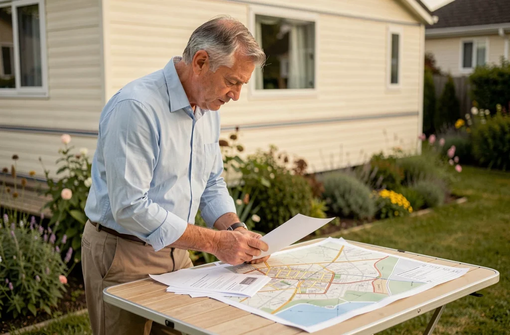 Propriétaire consultant des documents d'urbanisme et le PLU local devant son mobil-home dans le jardin, pour vérifier la conformité réglementaire de son installation