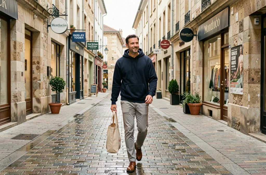 Homme se promenant dans un quartier rénové du centre-ville de Montluçon avec des commerces revitalisés