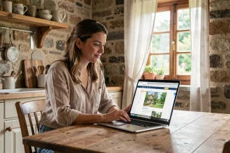Jeune femme recherchant une petite maison avec jardin à louer en Saône-et-Loire sur un site immobilier en ligne