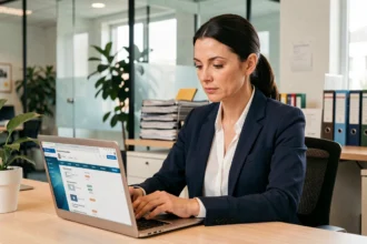 Femme professionnelle cherchant un syndic de copropriété en ligne sur un annuaire immobilier depuis son bureau