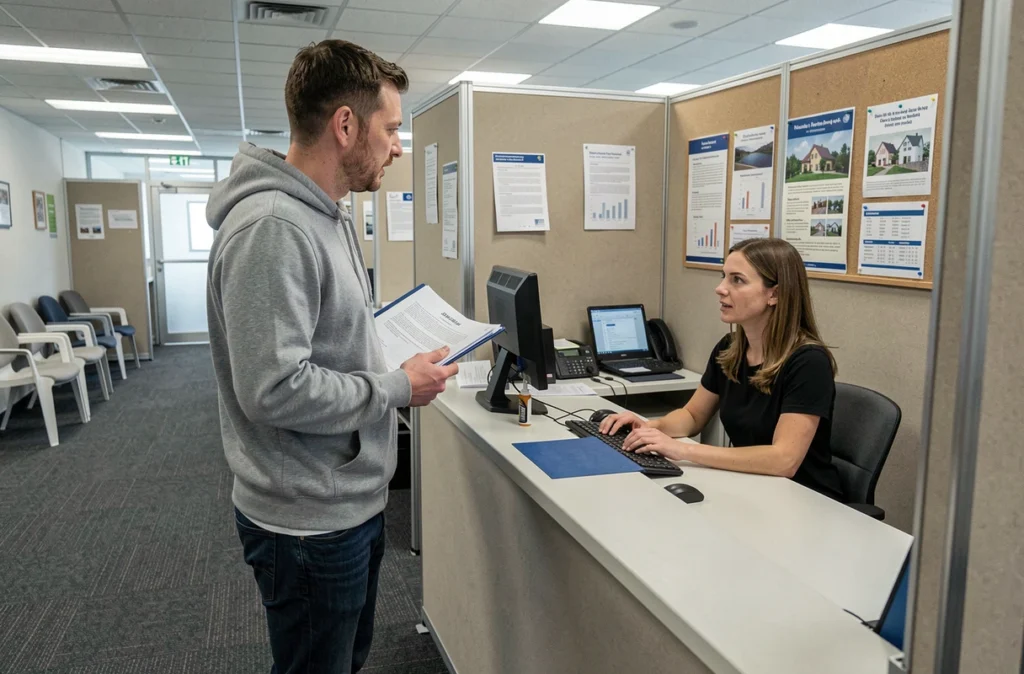 Homme en démarche de recours pour refus de logement social discutant avec une conseillère dans un bureau d'accueil HLM
