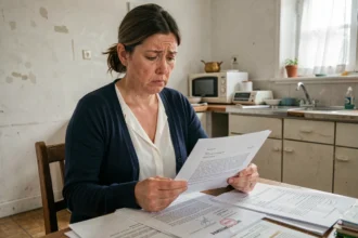 Femme inquiète lisant un courrier de refus de logement social à sa table de cuisine avec des documents administratifs éparpillés