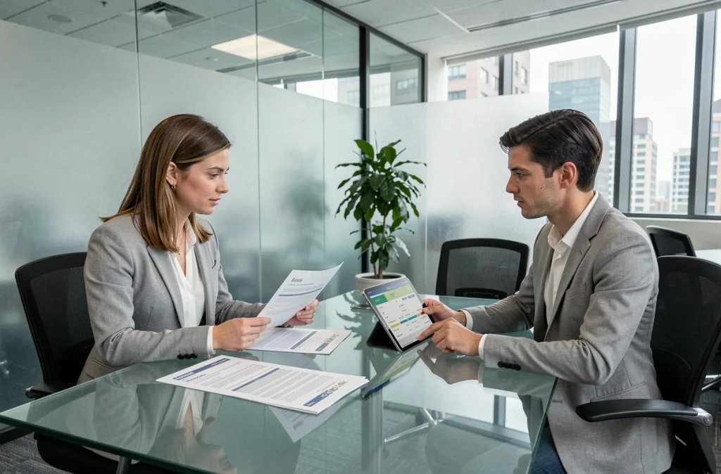 Conseillère fiscale et investisseuse immobilière discutant de la fiscalité foncière dans un bureau moderne