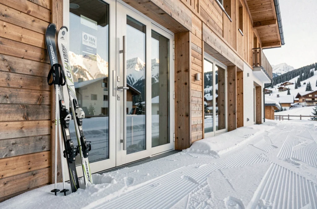 Skis posés devant l'entrée d'un appartement aux Menuires avec accès direct aux pistes de ski
